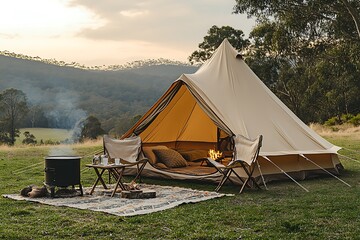 Glamping Tent Setup With Cozy Interior And Outdoor Relaxing Space In Nature