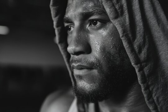 A black and white portrait of a determined athlete with sweat glistening on his face, wearing a hoodie, focusing on his intense workout with serious expression.