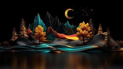 Colorful 3D landscape at night with trees and crescent moon