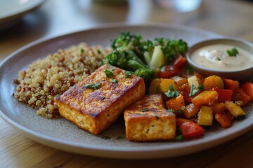 Delicious vegan meal with tofu, quinoa, and vegetables on plate