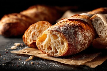 Close-up of freshly baked, sliced baguette on dark background, featuring crisp crust and soft interior, showing artisanal bread making, appealing to baking enthusiasts.