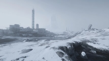 Subzero outpost: Remote Arctic research station shrouded in frosted haze landscape
