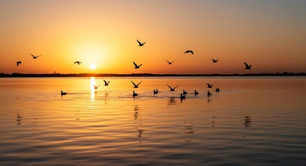 Flock of Birds Flying Over Water at Sunset Reflecting Golden Light