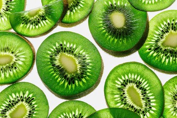 Fototapeta premium A vibrant and fresh arrangement of sliced kiwi fruits, showcasing their bright green color, juicy texture, and tiny black seeds against a clean white backdrop.