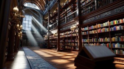 Sunlit, grand library interior, bookshelves, reading
