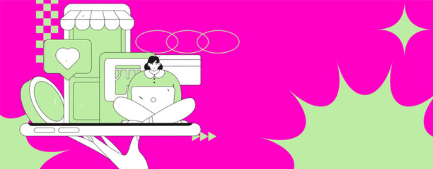 Holiday shopping people doing e-commerce online shopping flat vector concept operation hand drawn illustration
