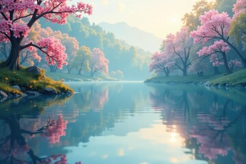 Pastel floral pattern reflected on calm lake water , design element, lake