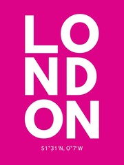 Stadtname London auf pinkem Hintergrund und seine Koordinaten

