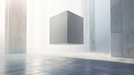 Fototapeta premium Grey floating cube in modern interior design space