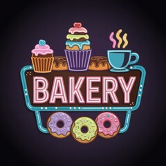 Retro Neon Bakery Sign with Donuts and Cupcakes