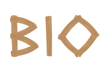 Vector illustration of bio lettering made of stylized wooden planks with wood texture and nails