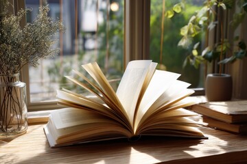 Book pages flutter in the breeze near a window, creating a peaceful atmosphere with realistic lighting