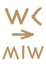 WC public toilet sign with arrow, man, woman. Vector illustration drawn in cartoon style, decorated with wooden structure and nails.