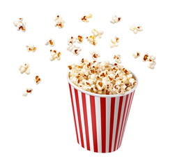 Popcorn in a red and white striped paper cup, flying and isolated on Png Format and Transparent Background