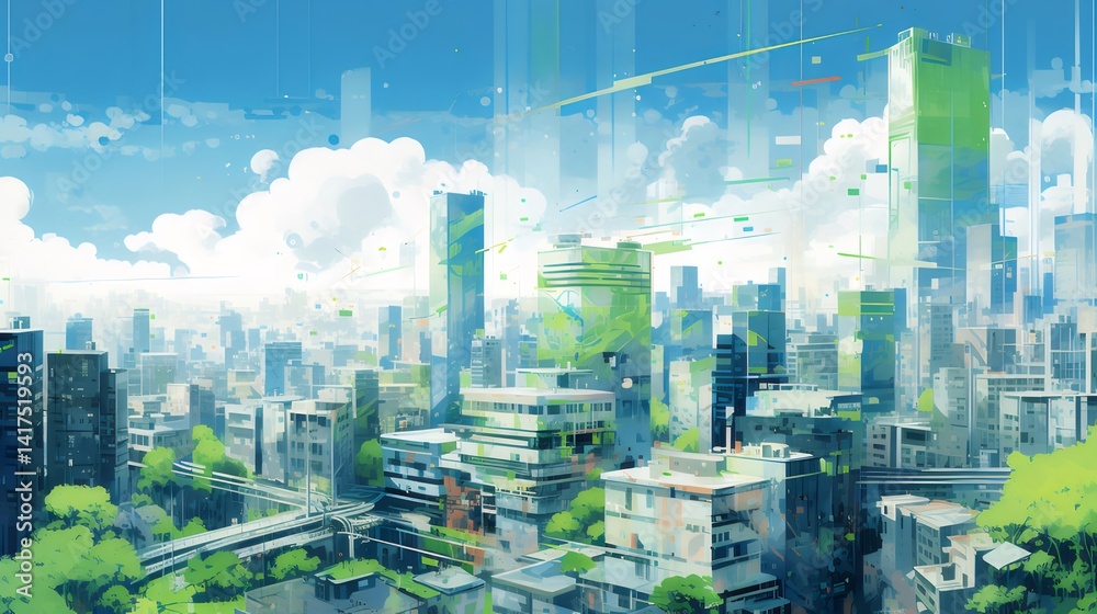 Aufkleber ピクセル化された緑豊かな都市の風景 青い空と白い雲の下にそびえ立つ高層ビル群 デジタルアート