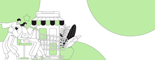 Holiday shopping people doing e-commerce online shopping flat vector concept operation hand drawn illustration
