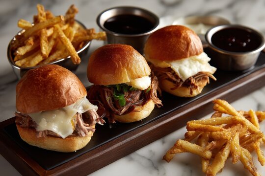 Delicious pulled pork slider appetizers with french fries and dipping sauces served on a rustic wooden board and marble countertop, an exquisite culinary delight.