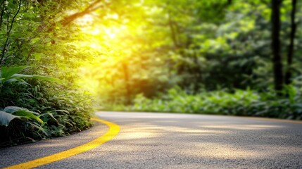 Obraz premium Winding road through lush forest, sunlight streaming through trees. Use for travel, adventure, nature