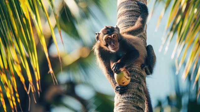 Monkey climbing a coconut tree, reaching for a coconut, playful and mischievous