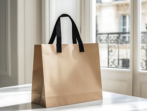 A large plain kraft paper bag with a black ribbon handle, sitting on an empty white marble table in front of French windows.