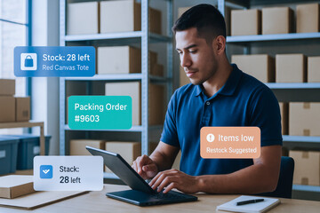 male warehouse staff in his late 20s with tan skin and short hair is checking inventory on tablet while standing at shelving unit