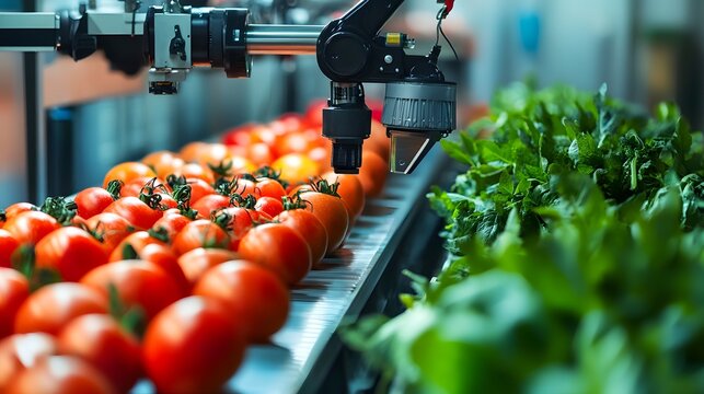 A robotic arm in an automated agricultural setting, carefully processing a conveyer belt with tomatoes and leafy greens for food production.