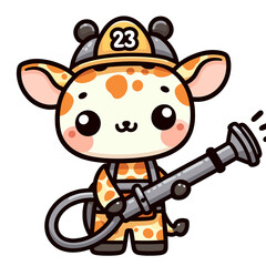 Fototapeta premium Cute Kawaii Giraffe in Firefighter Uniform Holding a Hose