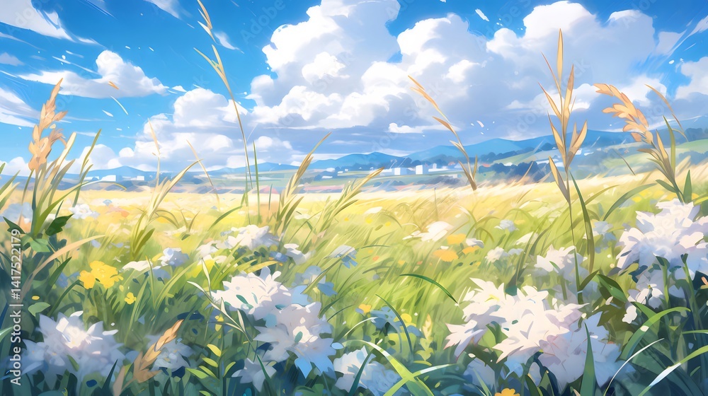 Poster 夏の青空の下 草原に咲き誇る様々な色の花々と緑豊かな草木の美しい風景画