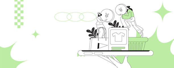 Holiday shopping people doing e-commerce online shopping flat vector concept operation hand drawn illustration
