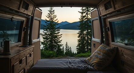 Van life camping overlooking lake at sunrise with mountain backdrop