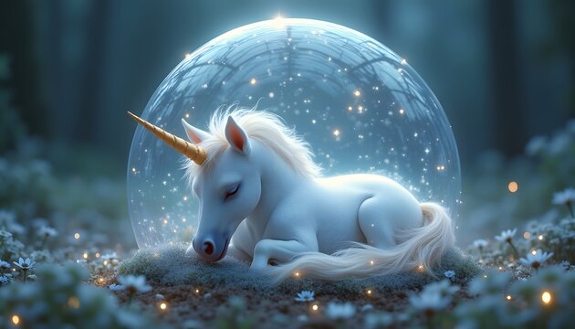 a sleeping unicorn inside a crystal bubble, floating sparkles, magical fantasy