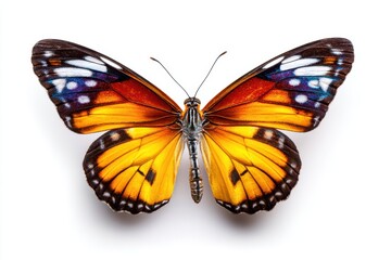 Fototapeta premium Colorful butterfly displaying vibrant patterns with open wings against a white background