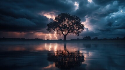 Dramatic thunderstorm backdrop reflecting on calm lake waters with silhouetted tree