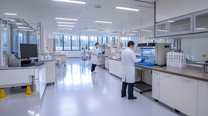A brightly lit research lab with scientists in lab coats and masks working at various lab stations....