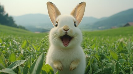 Cute white bunny in a grassy field