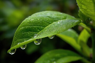 Close-up shot featuring vibrant green leaves adorned with glistening water droplets, showcasing nature's beauty in a refreshing and tranquil botanical scene.