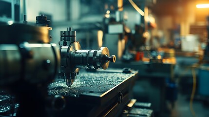 A precision metal lathe in operation, turning and shaping metal with a drill bit in a workshop...