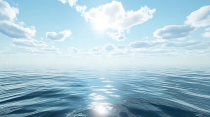 Obraz premium Serenity seascape with sunlit clouds and calm water horizon reflecting the sky