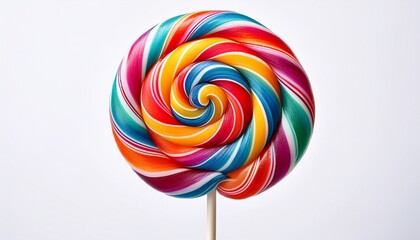Colorful lollipop swirl on stick isolated on white background Striped spiral multicolored candy