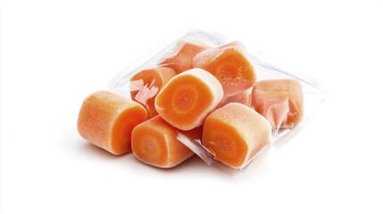 Frozen carrots in transparent packaging isolated on white background. Generative AI