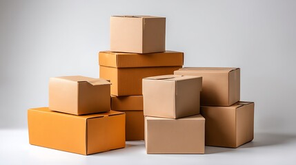 Piles of Brown Cardboard Boxes Stacked Neatly on a Gray Background for Packaging and Shipping Purposes