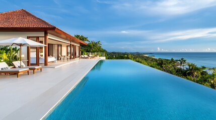 Fototapeta premium Breathtaking sunset at villa with infinity pool overlooking the ocean bali luxury property tropical paradise panoramic view