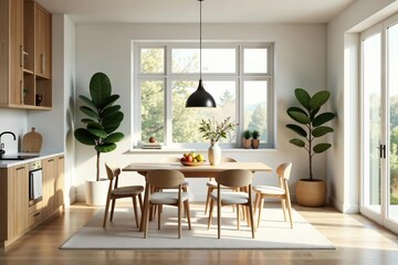 Fototapeta premium Light-filled Scandinavian dining room with wooden accents and simple elegance, Nordic design, contemporary