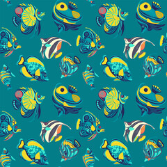Obraz premium Seamless pattern with fish, sea ocean texture, aquarium, vector illustration, repeating marine background