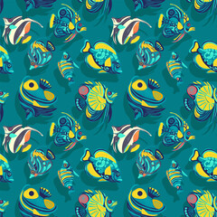 Naklejka premium Seamless pattern with fish, sea ocean texture, aquarium, vector illustration, repeating marine background