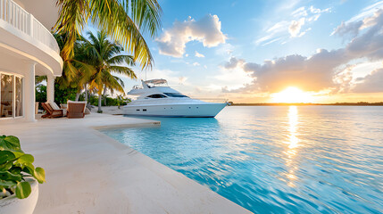 Fototapeta premium Luxury seafront home at captivating sunrise over crystal waters real estate photography serene coastal environment aesthetic design
