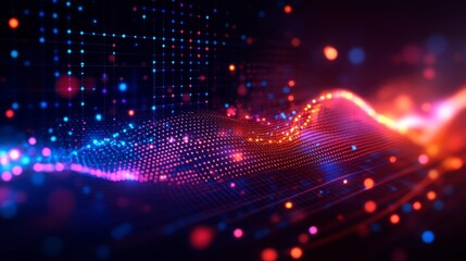 Obraz premium Abstract digital wave with glowing particles and a dark background. Red, orange, blue, and purple hues create a vibrant energy. 