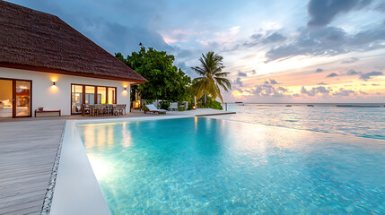 Fototapeta premium Romantic sunset at a tropical beach house maldives vacation scene serene environment panoramic view idyllic escape