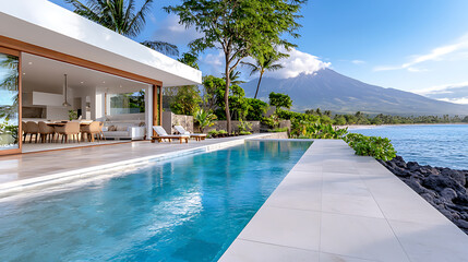 Fototapeta premium Serene retreat house with curved pool coastal paradise luxurious architecture tranquil environment scenic viewpoint sustainable design
