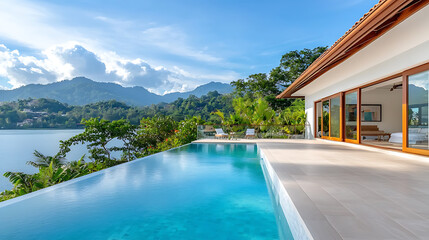 Fototapeta premium Serene escape at peaceful retreat house with curved pool tropical landscape luxurious residence tranquil setting panoramic view